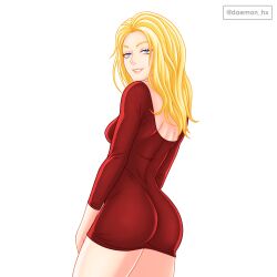 ass blonde_hair blue_eyes butt daemonhx dat_ass dress fanart long_hair looking_at_viewer looking_back model_pose red_dress seductive_smile smile tagme white_background