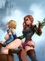 2girls anus areolae ass big_breasts blonde_hair blue_eyes boots bottomless breasts breasts_out busty clothing cum cum_in_pussy cum_inside deeaquifolium drooling earrings facepaint fantasy female female_focus female_only from_behind gloves green_eyes guild_wars guild_wars_2 kora_(guild_wars) long_hair magic nipple_piercing nipples open_mouth original_character outdoors parasite parasitic_penis penetration penis piercing pubic_hair pussy red_hair saliva sex short_hair spread_legs strap-on tentacle thick_thighs thighhighs vaginal_penetration yuri