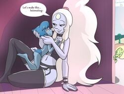 2girls ? black_panties bondage_outfit cartoon_network choker colordrake cubedcoconut cuffs duo english_text eye_contact female female_only garter_belt garter_straps gem_(species) gem_fusion hourglass_figure imminent_sex lapis_lazuli_(steven_universe) lingerie looking_at_another opal_(steven_universe) panties peridot_(steven_universe) seductive size_difference spying steven_universe stockings text thighhighs watching yuri