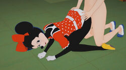 1boy 1girls alternate_body_type bent_over bow dark_skin disney female from_behind male minnie_mouse partially_clothed penetration red_dress