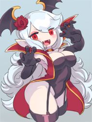 big_breasts drooling dungeon_maker hair_ornament looking_at_viewer red_eyes tagme uejini vampire white_background white_hair wings