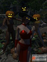 2017 3d 4girls corruption creativeguy59 erect_nipples evil_smile female female_only glowing glowing_eyes halloween hat hi_res high_resolution highres human human_only hypnosis jack_o'_lantern loincloth midriff mind_control multiple_girls nude open_mouth original pumpkin smile watermark witch_hat zombie_walk