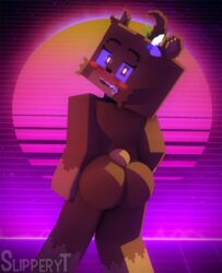 1girls 3d anthro ass bia_prowell_(slipperyt) big_ass blush brown_eyes brown_skin character dat_ass female female_only from_behind furry horny_female humanoid living_plushie looking_back mine-imator minecraft neon_grid outside plushie slipperyt smile solo synthwave tagme teddy_bear vaporwave