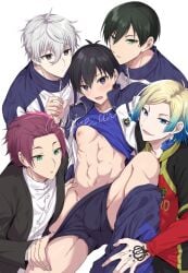 5boys abs blonde_hair blue_eyes blue_lock blush cute_face eyelashes gay harem isagi_yoichi itoshi_rin itoshi_sae kaiser_michael long_sleeves looking_down male male_focus male_harem male_only multiple_boys nagi_seishiro neck_tattoo nipple_piercing open_mouth panties_around_one_leg partially_nude reverse_harem shirt shirt_up soccer soccer_uniform spread_legs underwear underwear_around_one_leg uni_(artist) white_hair yaoi