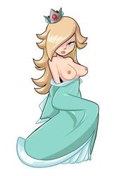 1girls blonde_hair blue_eyes blushmallet breasts crown dress earrings female_only hair_over_one_eye half-closed_eyes half_dressed half_naked jewelry long_hair looking_at_viewer mario_(series) nintendo nipples princess_rosalina solo super_mario_galaxy topless white_background