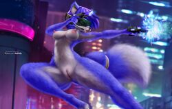 2019 anthro anthro_only beam blue_fur blue_hair breasts city female female_only fox fox_ears fox_girl fox_tail furry furry_breasts furry_ears furry_only furry_tail glasses glasses_on_head green_eyes gun guns jump krystal naked night nintendo open_mouth star_fox tail training v-tal vagina video_game video_games