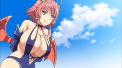 2012 anime_screencap bikini_armor cleavage demon_girl demon_horns demon_wings fangs female horns huge_breasts kyonyuu_fantasy majin_(company) majin_label monster_girl outdoor ova plump red_hair screencap screenshot shamsiel shamsiel_shahar short_hair succubus succubus_costume succubus_horns succubus_outfit succubus_wings