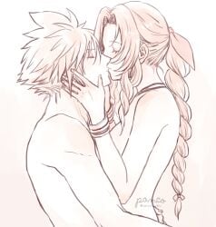 1boy 1boy1girl 1girls aerith_gainsborough ancotsubu closed_eyes cloud_strife couple female final_fantasy final_fantasy_vii final_fantasy_vii_remake hand_on_face kissing lovers nude romantic sensual straight wholesome