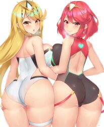 2girls ahoge bare_shoulders big_butt blonde_hair blush breast_press breasts butt butt_grab cameltoe closed_mouth competition_swimsuit curvy embarrassed from_behind highres kuavera large_breasts long_hair looking_at_viewer looking_back matching_hair/eyes multiple_girls mythra naughty_face nervous nintendo one-piece_swimsuit open_mouth orange_eyes pervert pyra red_eyes red_hair shiny shiny_clothes shiny_hair shiny_skin short_hair shy sideboob smile sweat swimsuit thick_thighs thigh_strap tiara very_long_hair xenoblade_(series) xenoblade_chronicles_2 yellow_eyes