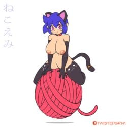 2d 2d_animation animated areola areolae arm_length_gloves bell_collar bells big_areola big_breasts blue_hair bouncing_breasts breasts cat_ears cat_tail catgirl collar color cute emi emi_(character) emi_(twistedgrim) english_text female female_only footwear gloves handwear huge_breasts japanese_text kanji leggings mostly_nude necklace nipples original original_character pink_eyes shaved_pussy shoes stockings thighhighs twistedgrim watermark whisker_markings white_background yarn