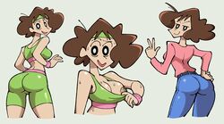 1girls ass breasts clothing crayon_shin-chan flashing fully_clothed jeans looking_at_viewer looking_back looking_behind milf misae_nohara mob_face nipple_slip nipples short_hair shorts smile smug solo solo_female stealth_brock v