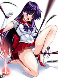 1girls bishoujo_senshi_sailor_moon blush bondage bound choker clothed clothing dark_purple_hair earrings female female_focus female_only fire gloves heels high_heels jewelry kneeling leg_up leotard long_hair ofuda open_mouth panties pantyshot purple_eyes purple_hair red_skirt rei_hino ropes sailor_collar sailor_mars sen_(sansui) serafuku shock skirt small_breasts solo squint sweat teenager thong_leotard thong_panties tiara tied_up trapped upskirt very_long_hair whip