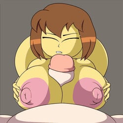 1boy 1boy1girl 1girls big_ass big_breasts brown_hair edit edited female frisk huge_ass huge_breasts nude paizuri penis penis_between_breasts pink_nipples scarecorrode tan_skin undertale white_skin