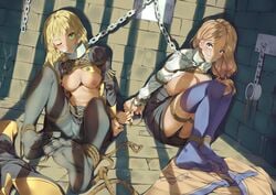 2girls angry arms_behind_back arms_tied_behind_back ball_gag blindfold blonde_hair blue_eyes blush bondage bound bound_ankles bound_legs bound_wrists box_tie breasts captive captured chains cleave_gag cloth_gag collar cuffs cum defeated dungeon feet female_only femsub fire_emblem fire_emblem:_three_houses forced_exposure gag gagged glaring gorudazo green_eyes helpless highres ingrid_brandl_galatea large_breasts medium_breasts mercedes_von_martritz multiple_girls multiple_subs nintendo nipples pantyhose party_wipe prison prisoner rope rope_bondage scared sex_slave slave thighhighs wince worried