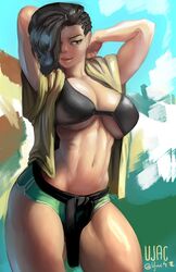 1girls alternate_costume arms_up asymmetrical_hair belt black_belt black_bikini_top brazilian brazilian_female breasts brown_eyes capcom cleavage cornrows dark_skin day female green_shorts hair_over_one_eye large_breasts latina laura_matsuda lips long_hair navel nose open_clothes ribs short_shorts shorts solo stomach street_fighter street_fighter_v thick_thighs thighs toned ujac underboob wide_hips