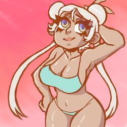 big_breasts bikini bikini_bottom bikini_top blonde_hair blue_eyes breasts dark-skinned_female dark_skin demxngirlfriend double_bun huge_breasts swimsuit swimsuits swimwear tan tan_skin tanned thick_thighs thighs wide_hips