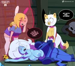 3girls adventure_girls adventure_time anthro big_breasts cake_the_cat canonical_scene dialogue enf exposed_breasts female_only fionna_the_human_girl ice_queen_(adventure_time) mob_face multiple_girls somescrub speech_bubble stripped tagme text