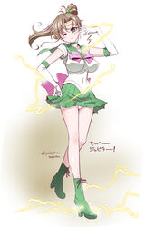 bishoujo_senshi_sailor_moon boots bow brown_hair choker clothed clothing erect_nipples female female_only gloves green_eyes green_skirt high_heel_boots large_breasts leotard lightning makoto_kino medium_breasts nipples panties pantyshot pointy_breasts ponytail powers sailor_collar sailor_jupiter serafuku skirt soft_breasts softcore solo tiara upskirt wink winking_at_viewer yokoshima_takemaru