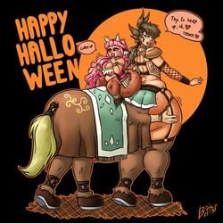 1boy 2019 2girls bendacriss big_breasts centaur color facesitting fishnet_armwear full_color halloween halloween_costume huge_ass lucy_deluccia pink_hair restrained satyr shortstack taur wide_hips willemine