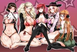 5girls ann_takamaki atlus barefoot big_breasts blush fluffy_hair gggg glasses haru_okumura hat headphones kasumi_yoshizawa makoto_niijima multiple_girls no_shoes persona persona_5 persona_5_royal phantom_thief_suit ribbon sakura_futaba school_uniform sega short_hair stockings sumire_yoshizawa thick_thighs thong twintails