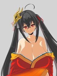 azur_lane black_hair cleavage edobox female hair_ornament huge_breasts japanese_clothes long_hair smiling taihou_(azur_lane)