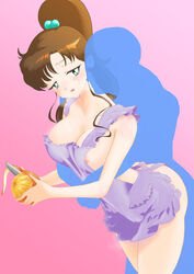 1boy 1girls apron ass ass_press big_breasts bishoujo_senshi_sailor_moon blush breasts brown_hair didoru erect_nipples faceless_male female from_behind fruit green_eyes hug hug_from_behind large_breasts looking_at_partner looking_back looking_pleasured makoto_kino male naked naked_apron nip_slip nipple_slip nipples nude orange_(fruit) peeling ponytail sweat voluptuous