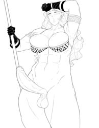 1futa abs amazon_(dragon's_crown) big_penis breasts cleavage dickgirl dragon's_crown erection foreskin futa_only futanari intersex khexxi monochrome muscles muscular muscular_futanari penis solo solo_futa uncut