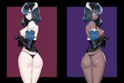 1girls alternate_skin_color areolae ass big_ass black_hair bloodstained:_ritual_of_the_night blue_eyes breasts chocolate_and_vanilla clothing dark-skinned_female dark_skin female female_only hair miriam_(bloodstained) nipples pale-skinned_female pale_skin panties sideboob solo topless ukimukai video_games