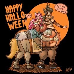 1boy 2019 2girls bendacriss big_breasts centaur color facesitting fishnet_armwear full_color halloween halloween_costume huge_ass lucy_deluccia pink_hair restrained satyr shortstack taur wide_hips willemine