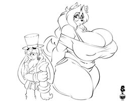 1boy 1girls anthro big_breasts breasts canine cleavage clothed clothing duo eyewear female furry glasses larger_female male monochrome nipple_bulge off_shoulder sad size_difference superia_(superix) superix thick_thighs thighs white_background