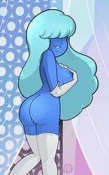 1girls areolae ass blue_hair blue_skin blushmallet breasts elbow_gloves female female_only gem_(species) gloves grabbing_own_breast hair_over_eyes legwear long_hair looking_at_viewer looking_back nipples nude pussy sapphire_(steven_universe) shiny shiny_hair shiny_skin solo steven_universe thighhighs very_long_hair white_gloves white_legwear