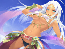 1girls belly belly_dancer belly_dancer_outfit blue_eyes bracelet clothing dancer dancer_(sekaiju) dancer_outfit dancing etrian_odyssey female femsub happy_sub harem_girl harem_outfit jewelry large_breasts long_hair looking_at_viewer makita medium_breasts sekaiju_no_meikyuu sekaiju_no_meikyuu_4 smile underboob white_hair