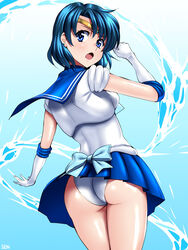 1girls ami_mizuno ass attack bishoujo_senshi_sailor_moon blue_eyes blue_hair blue_skirt choker clothing elbow_gloves female female_only from_behind gloves leotard looking_back panties pantyshot sailor_collar sailor_mercury sailor_senshi_uniform sen_(sansui) serafuku short_hair skirt solo thighs tiara underwear upskirt