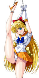 arms_up bishoujo_senshi_sailor_moon blonde_hair blue_eyes blush bondage bow chained_up chains choker clothed clothing earrings female female_focus female_only gloves hairbow heels high_heels leg_up leotard long_hair medium_breasts minako_aino orange_skirt panties sailor_collar sailor_venus sen_(sansui) serafuku short_skirt skirt small_breasts solo squint struggling thighs tiara tied_up