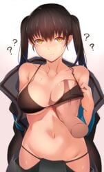 1boy big_breasts black_hair black_underwear blush breast_grab breasts clavicle confused dark-skinned_male disembodied_hands enen_no_shouboutai female fire_force groping half-dressed hand_up high_resolution jacket kotatsu_tamaki large_breasts light-skinned_female looking_at_viewer male navel open_clothes open_jacket question_mark raised_eyebrows sweatdrop tied_hair twintails white_background yellow_eyes