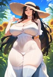 1girls 2d ai_generated big_breasts black_hair dress female female_focus female_only flower hasshaku-sama hat long_dress long_hair outdoors see-through_clothing solo solo_female solo_focus sun_hat sunflower tagme white_dress