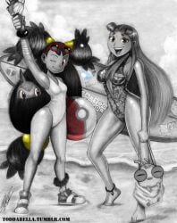 2girls alternate_costume axew ball barefoot beach beachball bikini breasts casual_one-piece_swimsuit colored_sclera crossover dark-skinned_female dark_skin dc_comics eastern_and_western_character feet female_focus food full_body gen_5_pokemon happy highres ice_cream inside_hair iris_(pokemon) long_hair looking_at_viewer multiple_girls nintendo one-piece_swimsuit one_eye_closed outdoors partially_colored pokemon red_eyes shoes signature silkie_(teen_titans) sky smile sneakers starfire sunglasses surfboard swimsuit teen_titans todd_l._milhouse very_long_hair watermark web_address wink yellow_sclera