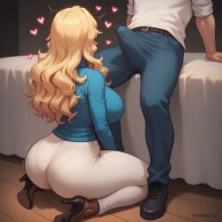 1boy 1girls ai_generated ankle_boots artist_name ass big_ass big_breasts blonde_hair breasts bulge bulge_through_clothing clothed clothing cock_hungry cock_worship erection erection_under_clothes female female_focus heart heart_symbol high_heels hourglass_figure human iknowkungfu42 jeans kneeling large_breasts light-skinned_female light-skinned_male light_skin long_hair looking_at_penis male original original_character seiza submissive submissive_female sweater thick_thighs thighs wavy_hair