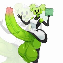 1futa 1girls arm_sleeves big_balls big_penis black_eyes condom condom_wrapper cube_head cute dress female futanari gigantic_balls gigantic_penis huge_balls huge_cock intersex maid maid_headdress maid_uniform mario_(series) megamor mimi_(super_paper_mario) paper_mario pigtails simple_background skirt skirt_up socks veiny_penis