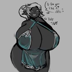 big_breasts blush breasts breasts_bigger_than_head horn huge_breasts lingerie long_ears minimal_color smile thick_thighs thren wide_hips