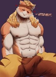 2024 abs anthro asking blonde_hair bottomwear brown_bottomwear brown_clothing brown_headwear brown_pants bulge cheek_tuft clothing detailed_bulge dialogue domestic_cat english_text epic_games facial_tuft felid feline felis fortnite fur fur_tuft genital_outline hair headgear headwear heart_symbol hi_res jav_(artist) male mammal meowtooth multicolored_body multicolored_fur muscular muscular_anthro muscular_male navel open_mouth open_smile orange_body orange_fur pantherine pants penis_outline smile solo text tiger tuft white_body white_fur yellow_bottomwear yellow_clothing yellow_pants