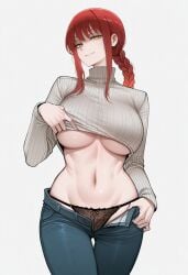 1girls ai_generated black_panties breasts chainsaw_man female_only grey_sweater jeans makima_(chainsaw_man) panties pants red_hair solo sweater underboob zloimakak