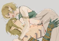 1boy 1girls 2d_(artwork) blonde_hair blue_eyes blush breast_sucking breastfeeding breasts exposed_breasts female_on_top hand_on_hip hatenokatasumi link nintendo nipples pointy_ears princess_zelda short_hair sucking_nipples sweat tears_of_the_kingdom the_legend_of_zelda zelda_(tears_of_the_kingdom)
