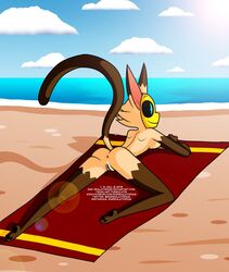 2018 amber_(surrealatorium) anthro anus ass beach breasts casual_nudity cloud domestic_cat felid feline felis female hi_res mammal mask nude outside pussy raised_tail sand sea seaside side_boob smile solo surrealatorium towel water