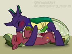 4:3 arthropod blush bodily_fluids changeling cum cum_on_penis duo equid equine fan_character feral friendship_is_magic frottage genital_fluids genitals hasbro horn horse kissing lying male male/male mammal my_little_pony mythological_creature mythological_equine mythology on_back penetration penile penis pony reformed_changeling sex unicorn wasisi