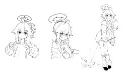 1other ahoge ambiguous_gender asahina_yoshitoshi blue_archive blush commentary_request disembodied_hand female female_ejaculation food greyscale hair_bun halo highres jacket kneehighs long_hair long_sleeves looking_at_viewer macaron monochrome multiple_views natsu_(band)_(blue_archive) natsu_(blue_archive) nipple_stimulation nipple_tweak nipple_tweak_through_clothes open_clothes open_jacket parted_lips pointing_at_breasts shirt simple_background single_side_bun socks standing t-shirt white_background
