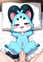 2boys ai_generated anal anthro average_penis bed black_tail blue_eyes blue_fur blush cat_tail catboy chattino_(raora_panthera) fan_mascot_(vtuber) fan_mascot_focus_(vtuber) feline gay half-closed_eyes hololive human_on_anthro male male/male male_focus male_only open_mouth pillow small_penis smug tail vein veins veiny_penis white_fur yaoi