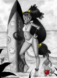 10s alternate_color alternate_costume ankle_ring apple axew barefoot beach bikini cartoon_network charcoal_(medium) dark_skin dc_comics female female_focus food fruit full_body gen_5_pokemon highres iris_(pokemon) long_hair monochrome nature navel nintendo ocean outdoors plant poke_ball pokemon pokemon_(anime) pokemon_(creature) pokemon_bw pokemon_bw_(anime) shiny_skin signature sky smile solo spot_color standing starfire surfboard swimsuit teen_titans todd_l._milhouse traditional_media very_long_hair watermark