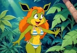 ai_generated amberley bikini blue_eyes furry_female furry_only green_fur horns orange_hair tagme the_dreamstone