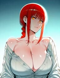 1girls ai_generated chainsaw_man cleavage female female_only makima_(chainsaw_man) red_hair shirt solo upper_body white_shirt yellow_eyes zloimakak